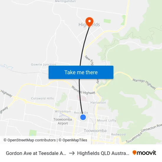 Gordon Ave at Teesdale Ave to Highfields QLD Australia map