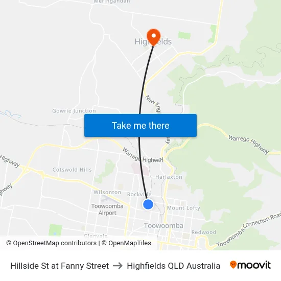 Hillside St at Fanny Street to Highfields QLD Australia map