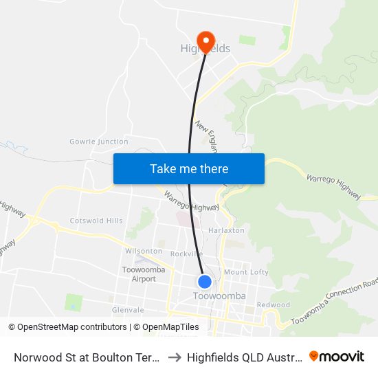 Norwood St at Boulton Terrace to Highfields QLD Australia map
