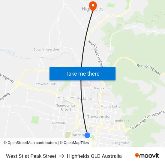 West St at Peak Street to Highfields QLD Australia map