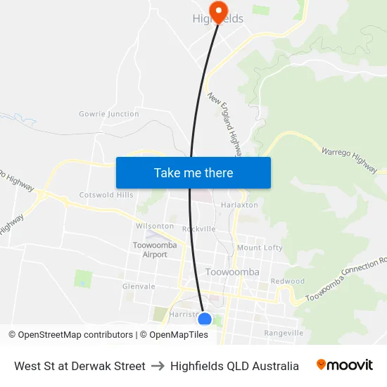 West St at Derwak Street to Highfields QLD Australia map