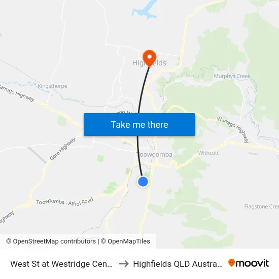 West St at Westridge Centre to Highfields QLD Australia map