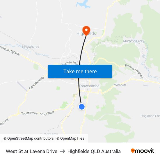 West St at Lavena Drive to Highfields QLD Australia map