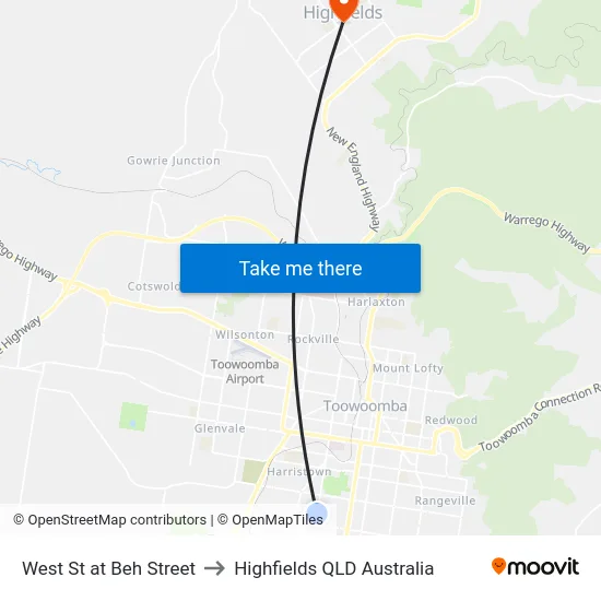 West St at Beh Street to Highfields QLD Australia map