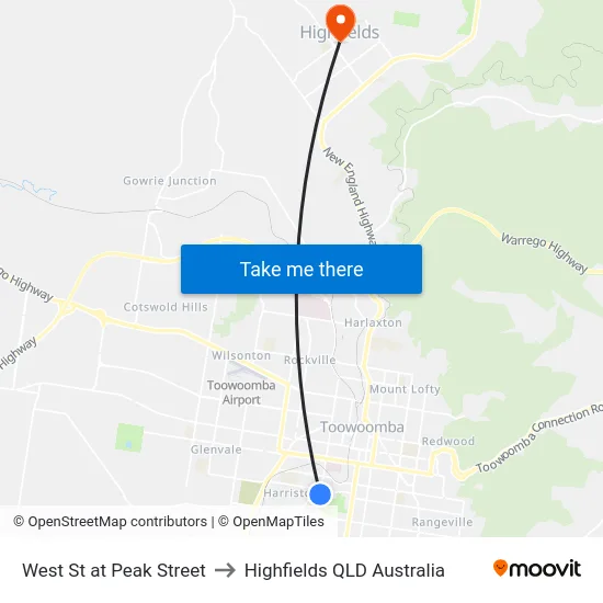 West St at Peak Street to Highfields QLD Australia map