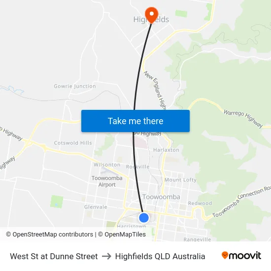 West St at Dunne Street to Highfields QLD Australia map