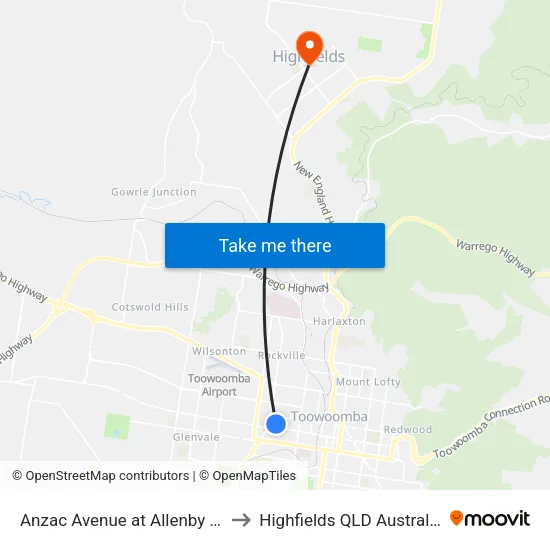 Anzac Avenue at Allenby St to Highfields QLD Australia map