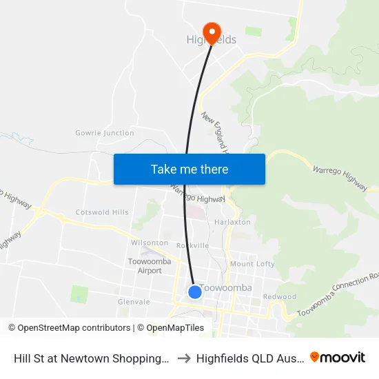 Hill St at Newtown Shopping Centre to Highfields QLD Australia map