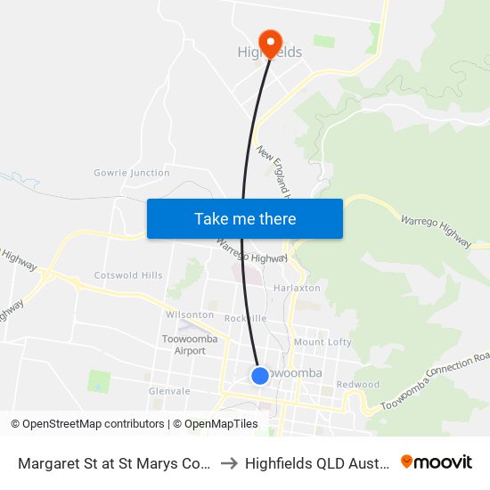 Margaret St at St Marys College to Highfields QLD Australia map