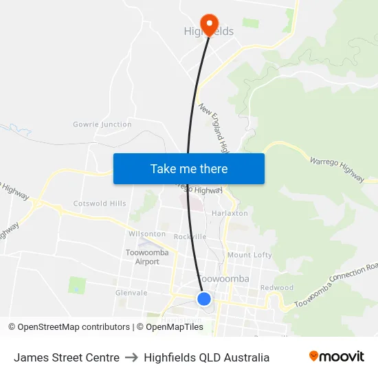 James Street Centre to Highfields QLD Australia map