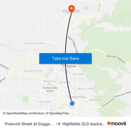 Prescott Street at Goggs St to Highfields QLD Australia map