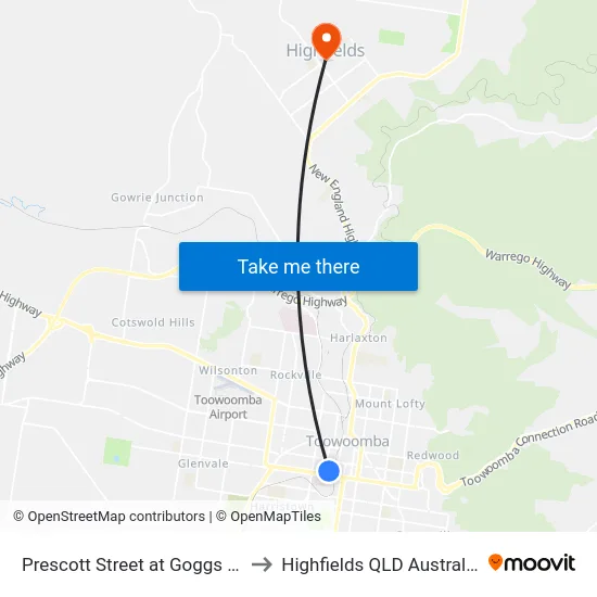 Prescott Street at Goggs St to Highfields QLD Australia map