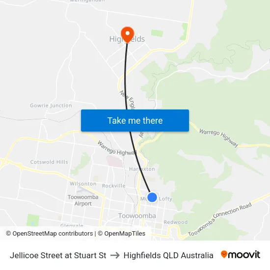 Jellicoe Street at Stuart St to Highfields QLD Australia map