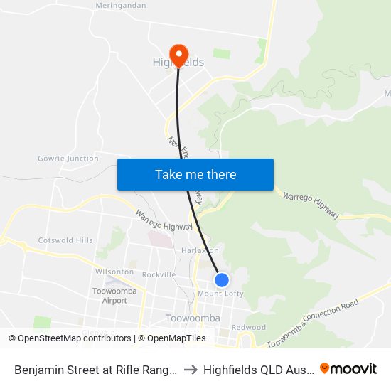 Benjamin Street at Rifle Range Road to Highfields QLD Australia map