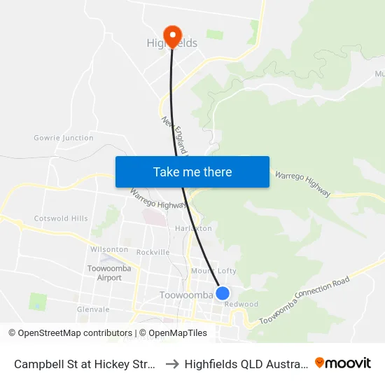 Campbell St at Hickey Street to Highfields QLD Australia map