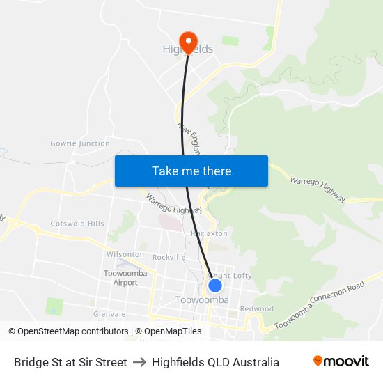 Bridge St at Sir Street to Highfields QLD Australia map