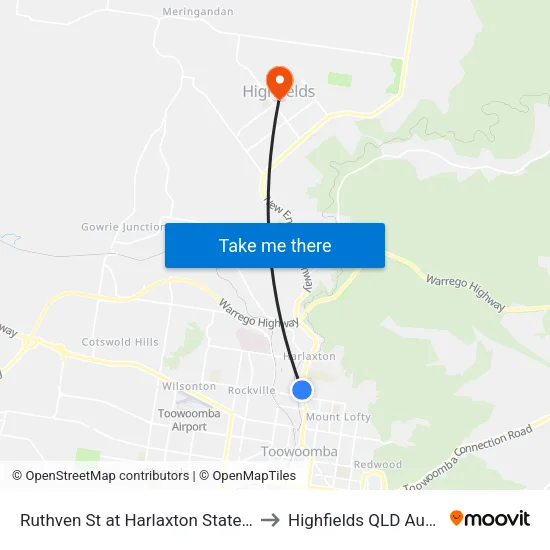 Ruthven St at Harlaxton State School to Highfields QLD Australia map