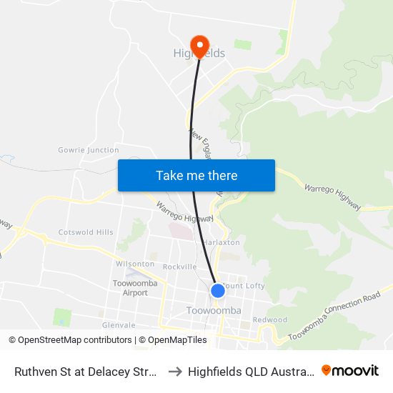 Ruthven St at Delacey Street to Highfields QLD Australia map