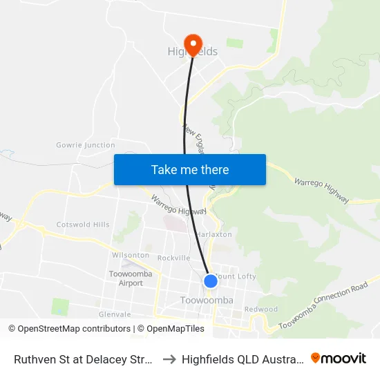 Ruthven St at Delacey Street to Highfields QLD Australia map