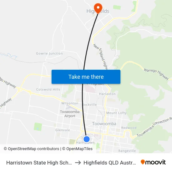 Harristown State High School to Highfields QLD Australia map