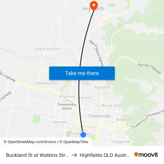 Buckland St at Watkins Street to Highfields QLD Australia map