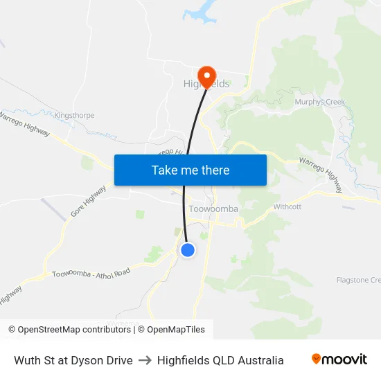 Wuth St at Dyson Drive to Highfields QLD Australia map