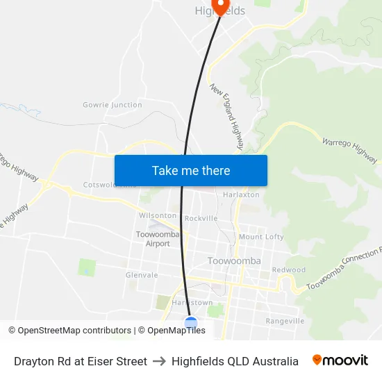 Drayton Rd at Eiser Street to Highfields QLD Australia map