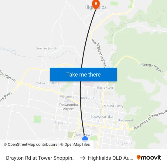 Drayton Rd at Tower Shopping Village to Highfields QLD Australia map