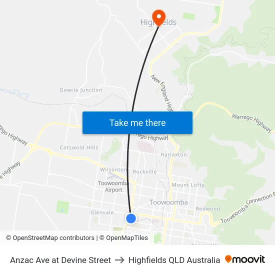 Anzac Ave at Devine Street to Highfields QLD Australia map