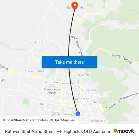 Ruthven St at Aland Street to Highfields QLD Australia map
