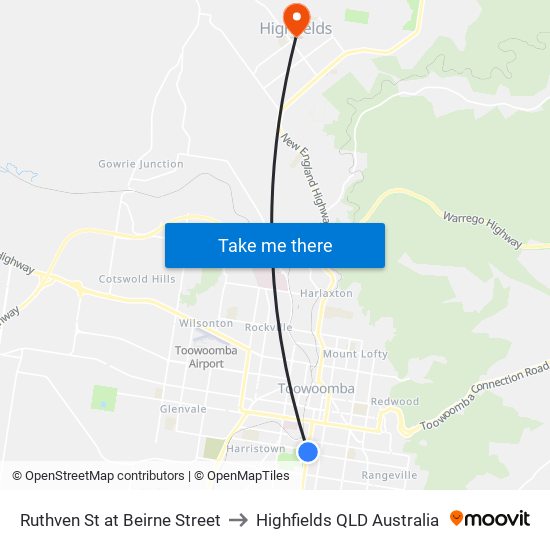 Ruthven St at Beirne Street to Highfields QLD Australia map