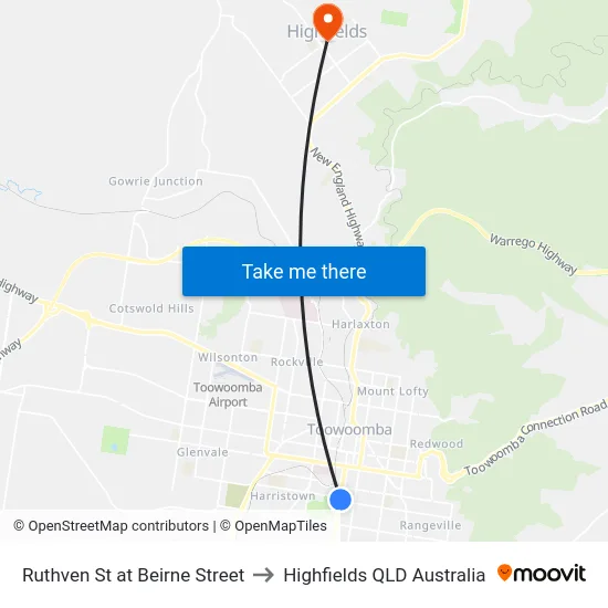 Ruthven St at Beirne Street to Highfields QLD Australia map