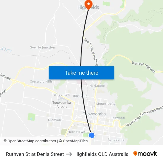 Ruthven St at Denis Street to Highfields QLD Australia map