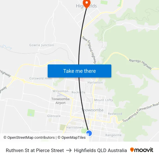 Ruthven St at Pierce Street to Highfields QLD Australia map