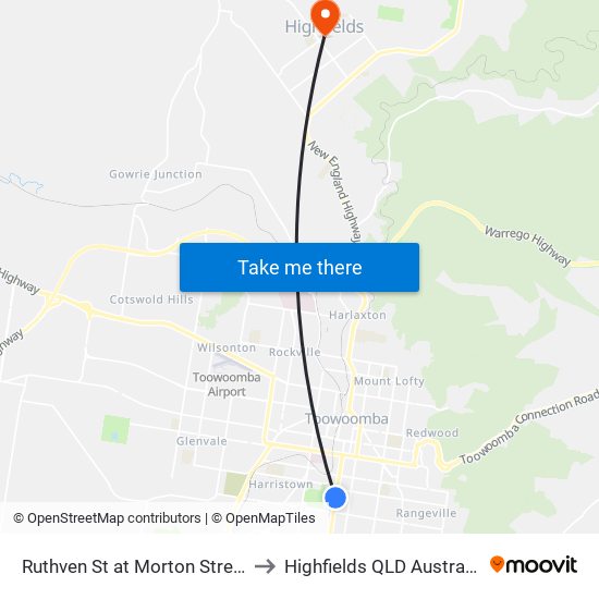 Ruthven St at Morton Street to Highfields QLD Australia map