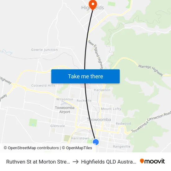 Ruthven St at Morton Street to Highfields QLD Australia map