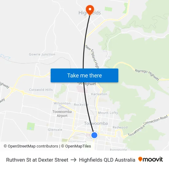 Ruthven St at Dexter Street to Highfields QLD Australia map