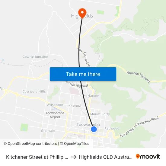 Kitchener Street at Phillip St to Highfields QLD Australia map