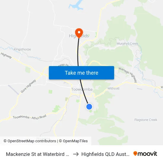 Mackenzie St at Waterbird Drive to Highfields QLD Australia map