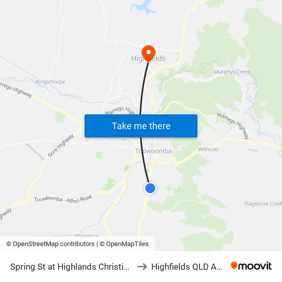 Spring St at Highlands Christian College to Highfields QLD Australia map