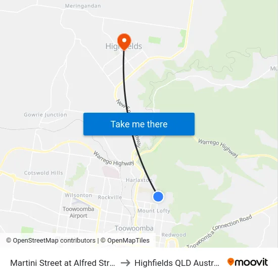 Martini Street at Alfred Street to Highfields QLD Australia map