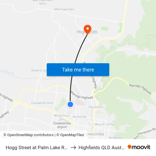 Hogg Street at Palm Lake Resort to Highfields QLD Australia map