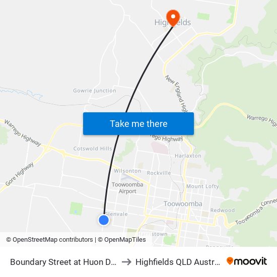 Boundary Street at Huon Drive to Highfields QLD Australia map