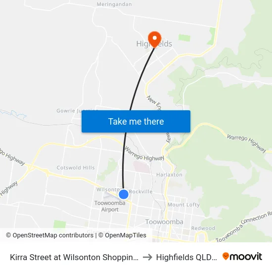 Kirra Street at Wilsonton Shopping Centre (Stop B) to Highfields QLD Australia map