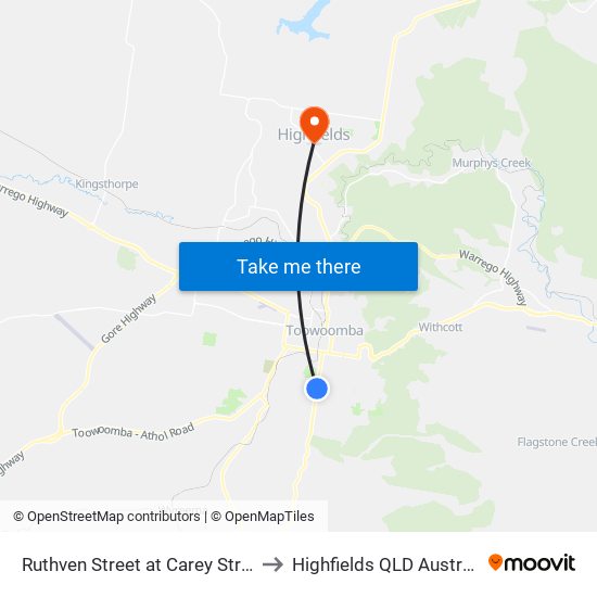 Ruthven Street at Carey Street to Highfields QLD Australia map