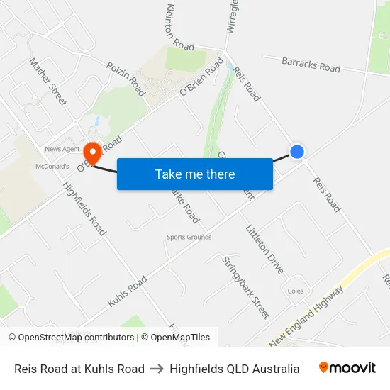 Reis Road at Kuhls Road to Highfields QLD Australia map