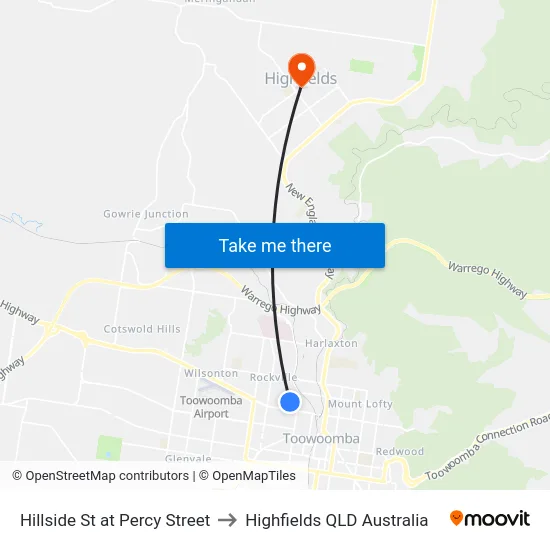 Hillside St at Percy Street to Highfields QLD Australia map