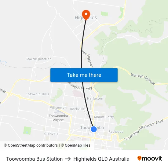 Toowoomba Bus Station to Highfields QLD Australia map