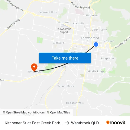 Kitchener St at East Creek Park Hail 'N' Ride to Westbrook QLD Australia map