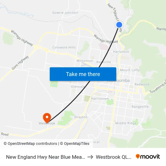 New England Hwy Near Blue Meadow Ct Hail 'N' Ride to Westbrook QLD Australia map